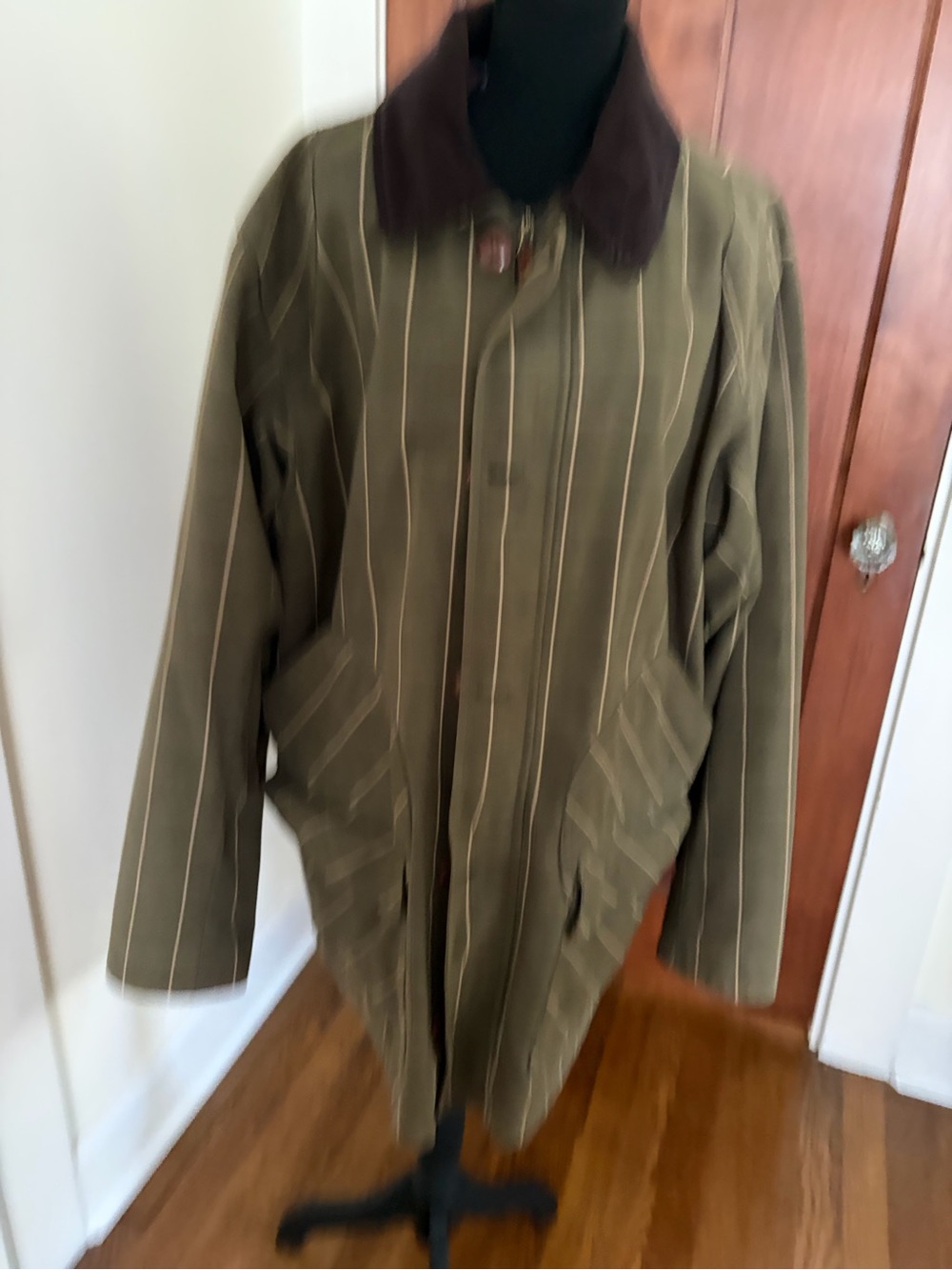 Lands' End Olive Green Pinstripe Trench Coat with Dark Brown Collar